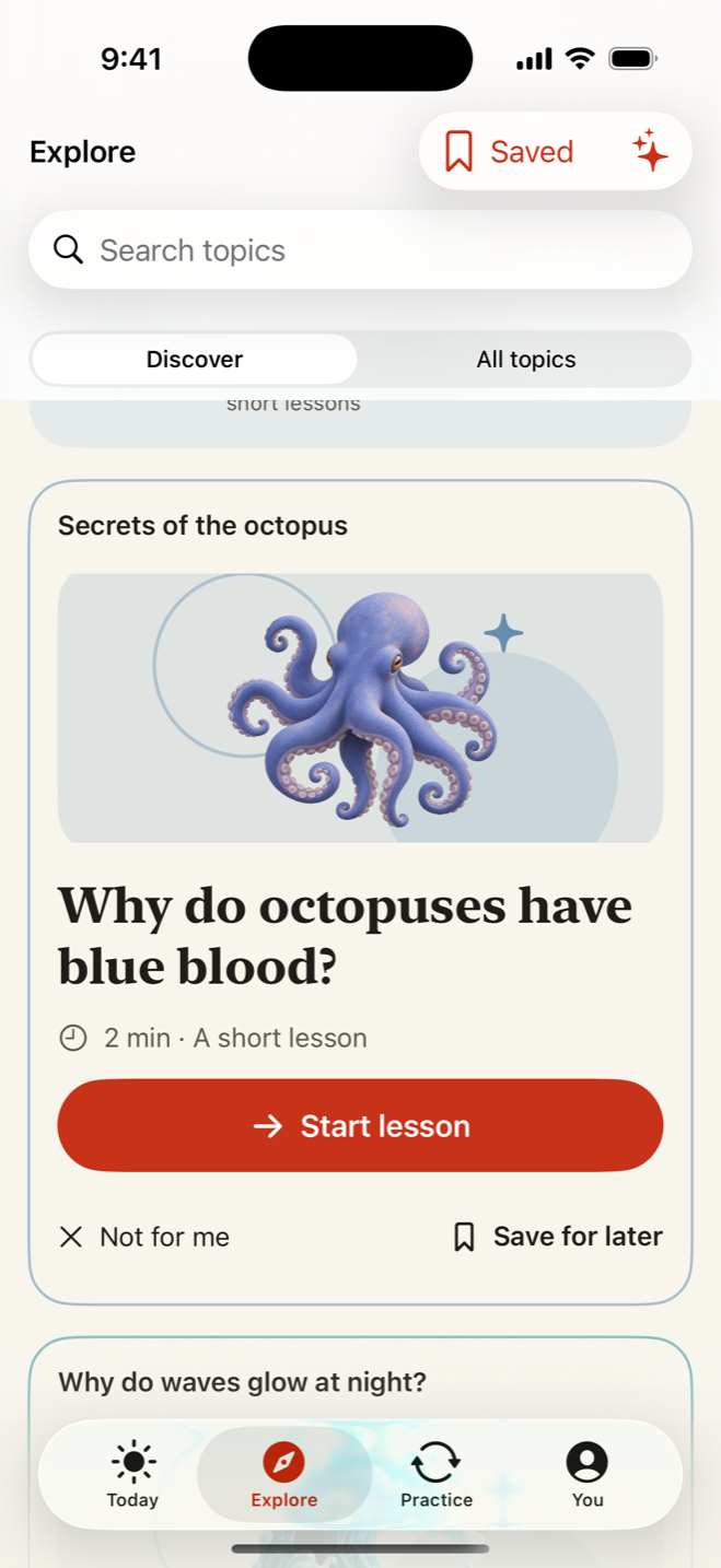 Wondermorrow Discover screen showing questions to explore